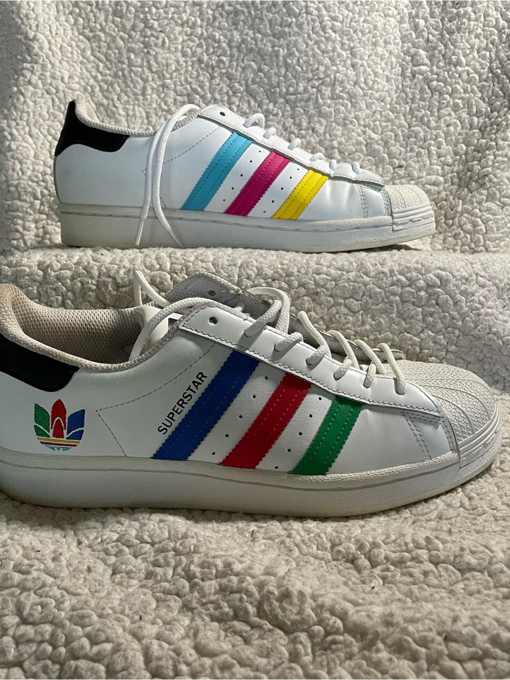 adidas White Superstars with Multicolor Stripes